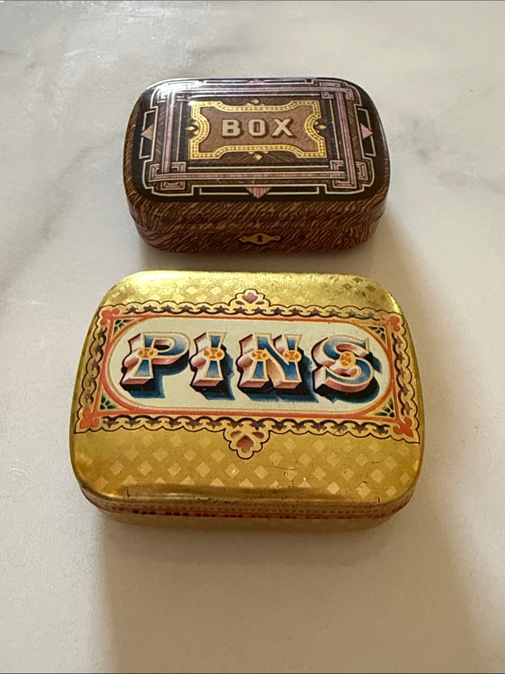 Vintage 1970s Dodo Designs English hinged trinket tins / pin boxes set